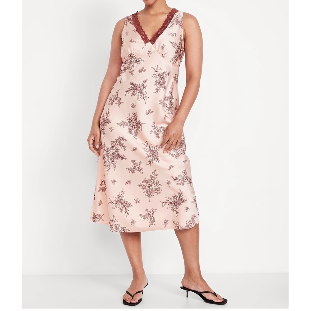 Old Navy Coquette Lace-Trim Satin Slip Mauve Floral Ballet Pink Midi Dress M